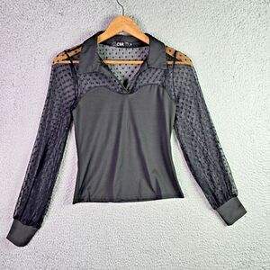 CBR Womens Mesh Sleeve Blouse M Black Polka Dot Romantic Gothic Statement Top